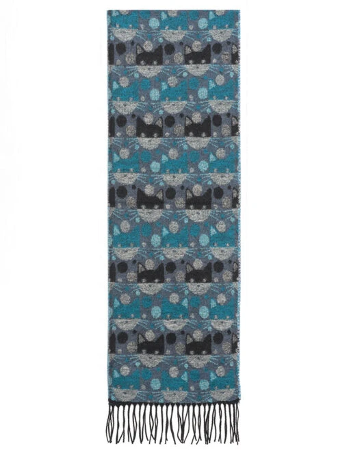Soft Cat Motif Fringed Scarf - Turquoise Black