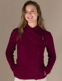 Women's Aran Jacket With Side Zip -Modekleidung A890ie Claret 1 70026.1693905116