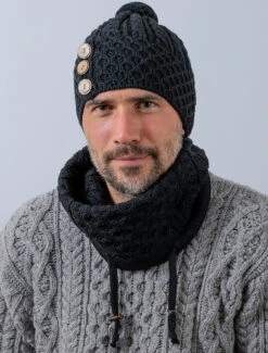 Men's Merino Honeycomb Pom Pom Hat -Modekleidung B504 B595 Black 1 51964.1718977887