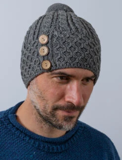 Men's Merino Honeycomb Pom Pom Hat -Modekleidung B595 Grey 1 07046.1718977887