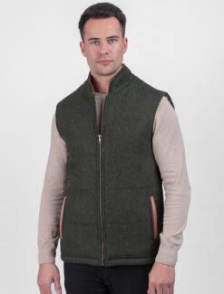 Men's Tweed & Leather Gilet - Green Herringbone
