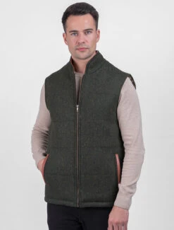 Men's Tweed & Leather Gilet - Green Herringbone -Modekleidung MWGRNBW Green 2 19039.1686135100