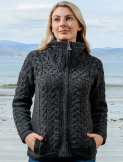 Double Collar Zip Merino Aran Cardigan -Modekleidung X4267 Charcoal 1 02860.1673752577