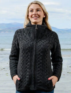 Double Collar Zip Merino Aran Cardigan -Modekleidung X4267 Charcoal 2 58146.1673752577