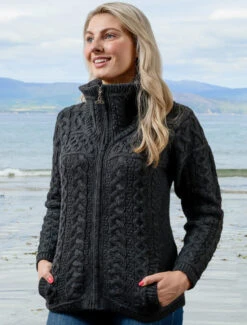 Double Collar Zip Merino Aran Cardigan -Modekleidung X4267 Charcoal 3 21301.1673752577