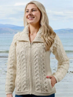 Double Collar Zip Merino Aran Cardigan -Modekleidung X4267 White 2 82345.1673752577