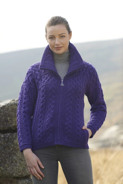 Double Collar Zip Merino Aran Cardigan – Bild 2