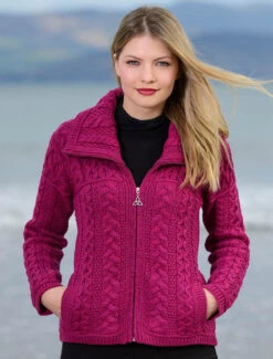 Double Collar Zip Merino Aran Cardigan -Modekleidung X4267leadraspberry 44611.1659109152