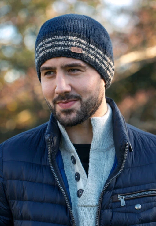 Men's Wool Ribbed Pull-on Hat - White-Stripes